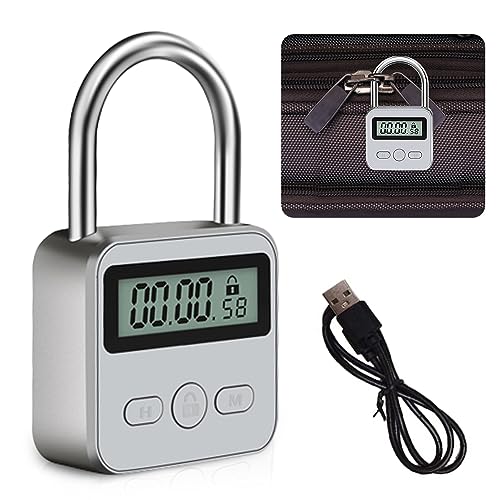 BNGXR Digitale Zeitschloss, Smart Time Lock mit LCD-Display, Metall Küchensafe Zeitschloss mit Seil USB Wiederaufladbar Intelligentes Zeitschloss, Sicherheits Vorhängeschloss (Silber) von BNGXR