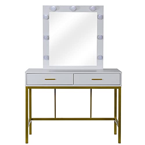 BNNP Schminktisch, Schminktisch, weiß, quadratischer Spiegel, Rahmen aus vergoldetem Stahl, mit 2 Schubladen, 9 Leuchtmittel, Schminktisch von BNNP