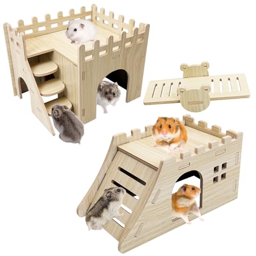 BNOSDM Hamsterversteck Set Rennmaus Holzhaus mit Treppe Holzversteckhütte mit lustiger Rutschwippe Zwergkäfig Zubehör für syrische Hamster Mäuse von BNOSDM