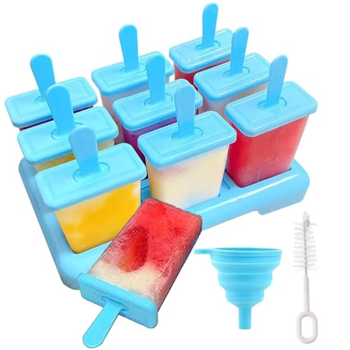 Eisformen Silikon 9 Popsicle Formen Set Eisformen Wiederverwendbar Individuelles Abtauen Eis am Stiel Formen Kommt mit Einer Reinigungsbürste und Silikon Falttrichter, Blau von BNOYONERAS