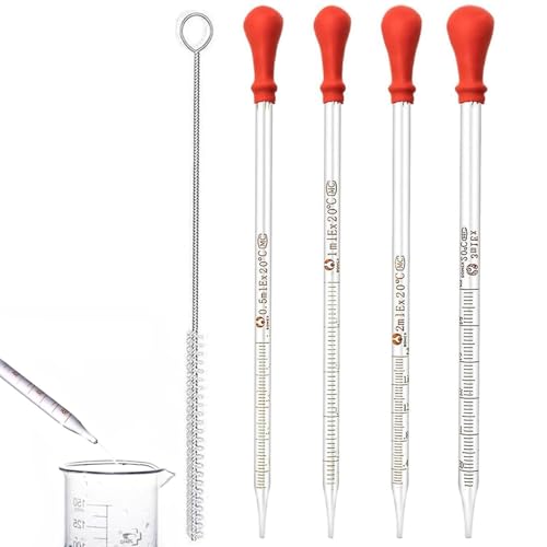 Glas Pipette, Liquid Dropper, Dropping Pipettieren Blau Gummi, 4pcs Transfer Pipette 1mL/0.5mL/2ml/3ml, Tropfpipette Flüssigkeiten, Measuring Pipette, mit Reinigungsbürsten,Für Labor Forschung Schule von BNOYONERAS