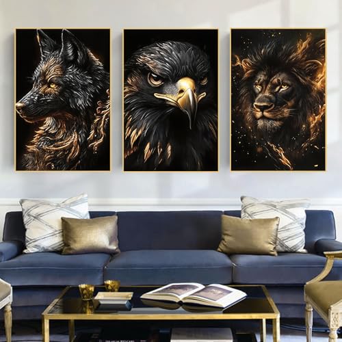 Wilde tiere Bilder Schwarz Gold Tier Poster, Löwe Bilder Moderne Wolf und Adler Kunst Leinwand für Wohnzimmer Wohnkultur Dekor Kein Rahmen (Schwarzes Gold-B, 40x60cm*3, Ungerahmt) von BNREDA