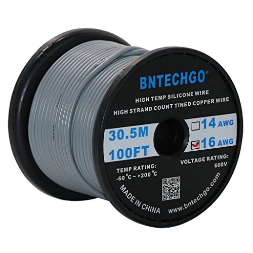 BNTECHGO 16 Gauge Silicone Wire Spool Gray 100 feet Ultra Flexible High Temp 200 deg C 600V 16 AWG Silicone Rubber Wire 252 Strands of Tinned Copper Wire Stranded Wire for Model Battery Low Impedance von BNTECHGO