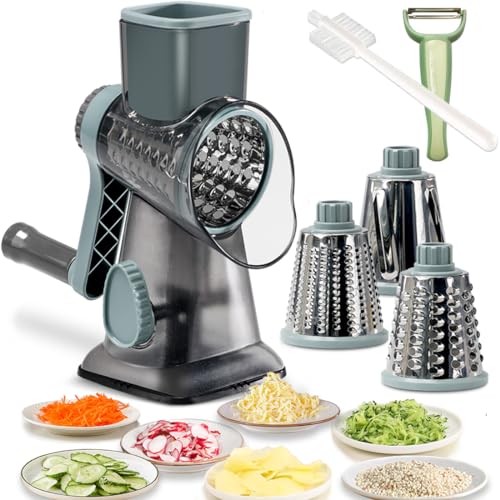 Rotary Cheese Grater Shredder with Handle Handheld Round Mandoline Vegetable Slicer Carrot Shredder Nut Grinder with 3 Replaceable Stainless Steel Drum Blades and Upgrade Strong Suction, Grey/Cyan Rotary Cheese Grater Shredder with Handle Handheld Round Mandoline Vegetable Slicer Carrot Shredder Nut Grinder with 3 Replaceable Stainless Steel Drum Blades and Upgrade Strong Suction, Grey/Cyan von BNUNWISH