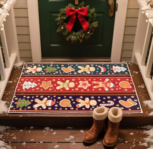 Weihnachtliche waschbare Fußmatte für Eingangstür, 60 x 90 cm, flaches Profil, für den Eingangsbereich, für Innenbereich, rutschfest, stark frequentiert, kleiner Bodenteppich für Veranda, Schlafzimmer von BNUNWISH
