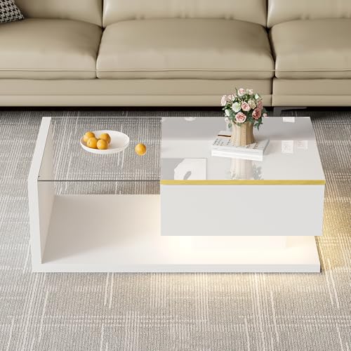 BNUZ Couchtisch,Weiß. Beistelltische,Couchtische mit Glas und LED-Effekt,50cmx90cm von BNUZ