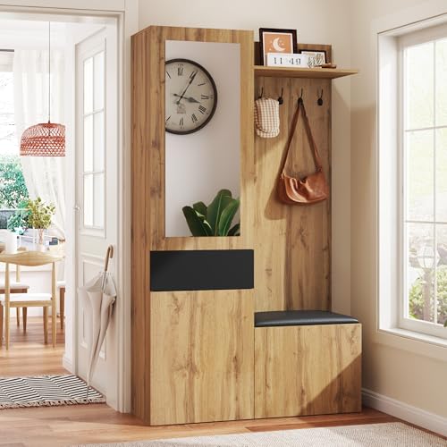 BNUZ Das Kleiderschrank-Set umfasst 5 Kleiderhaken,Spiegel,Schuhschrank,oberes Regal mit verborgenem Bereich zum Aufhängen und Garderobenbank für den Flur (38x98.5x191cm) von BNUZ