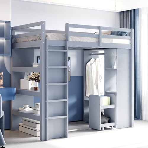 BNUZ Einzelbett,Kinderhochbett,90x200cm, Mit Mehrstufigen Regalen, Mit Einfachen Kleiderbügeln und Ablagefächern,Mit 1 Herausnehmbaren Organisationswagen,Viel Stauraum, Jugendbett,Grau BNUZ Einzelbett,Kinderhochbett,90x200cm, Mit Mehrstufigen Regalen, Mit Einfachen Kleiderbügeln und Ablagefächern,Mit 1 Herausnehmbaren Organisationswagen,Viel Stauraum, Jugendbett,Grau von BNUZ