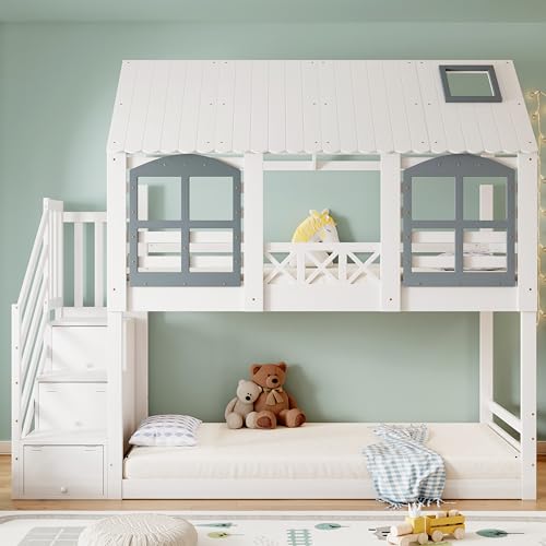 BNUZ Etagenbett, Kinderbett, Kinderbett mit Dach und Fenster, mit Fallschutzgitter, mit 3 Schließfächer in der Treppe, Reichlich Stauraum, Kiefer+MDF, Weiß+Grau, 90 x 200cm BNUZ Etagenbett, Kinderbett, Kinderbett mit Dach und Fenster, mit Fallschutzgitter, mit 3 Schließfächer in der Treppe, Reichlich Stauraum, Kiefer+MDF, Weiß+Grau, 90 x 200cm von BNUZ