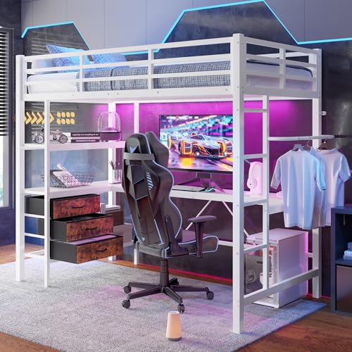 BNUZ Hochbett,90 * 200cm,Mit LED-Leuchten,Schreibtisch, Steckdose + USB, 3 Schubladen, Regale, Geländer, Treppe, ohne Matratze, Schwarz von BNUZ