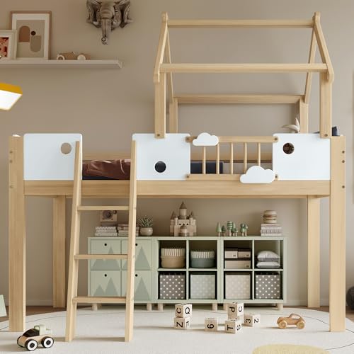 BNUZ Hochbett,90x200cm,Kinderbett mit Fallschutz und Gitter,Einzigartiges Dachdesign, Mit Dreistufige Schrägleiter, Rahmen aus Kiefer, Kiefer+MDF+Sperrholz,Weiß+Natur BNUZ Hochbett,90x200cm,Kinderbett mit Fallschutz und Gitter,Einzigartiges Dachdesign, Mit Dreistufige Schrägleiter, Rahmen aus Kiefer, Kiefer+MDF+Sperrholz,Weiß+Natur von BNUZ