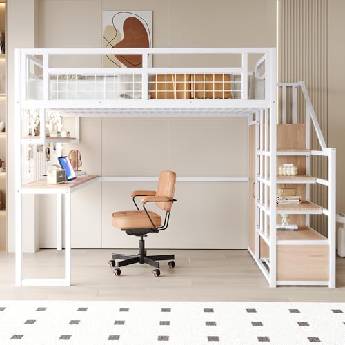 BNUZ Hochbett Metall 140x200 cm Mit Aufbewahrungsleiter und Einfachem Kleiderschrank,Mit Ablage,Tisch und Netzregal,Stabiler Rahmen,Weiß von BNUZ