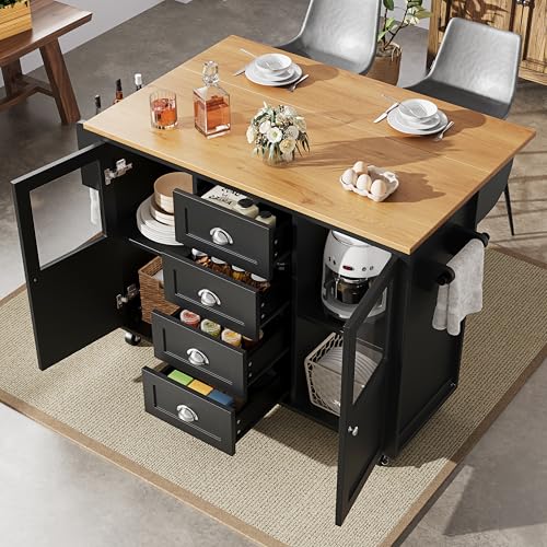 BNUZ Kücheninsel,Küchenschrank,Buffetschrank,90x140cm,ausziehbarer Küchenwagen mit Rollen,Handtuchhalter,Gewürzregal, verstellbaren Einlegeböden,Zwei Türen,Vier Schubladen,schwarz BNUZ Kücheninsel,Küchenschrank,Buffetschrank,90x140cm,ausziehbarer Küchenwagen mit Rollen,Handtuchhalter,Gewürzregal, verstellbaren Einlegeböden,Zwei Türen,Vier Schubladen,schwarz von BNUZ