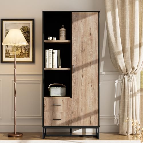 BNUZ Moderner Highboard Schrank 80x180cm,Holzoptik mit schwarzem Rahmen,mit Tür2 Schubladen,3 offenen Fächern,Vielseitiger Stauraum für Wohnzimmer,Büro,Flur von BNUZ