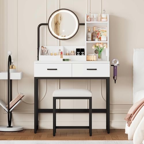 BNUZ Moderner Schminktisch,Drehbarem Spiegel,Steckdosen -inkl, Hocker -Schwarz Metallbeinen – 2 Schubladen+2 offene Ablageflächen,Weiß, Maße: 80×140cm von BNUZ