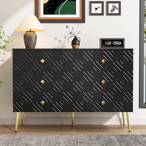BNUZ Moderner Schubladen,6 Kommode,120x40x80cm,Elegantes Schwarz mit Gold,Perfekt für Schlafzimmer,Wohnzimmer von BNUZ