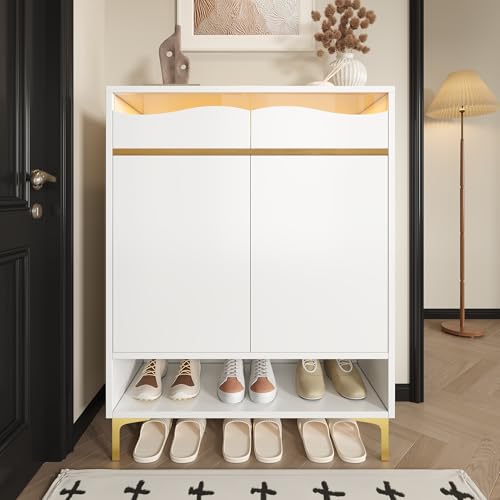 BNUZ Moderner weißer Schuhschrank,Platzsparender Flurschrank,80×110cm mit Schubladen,Ablagen – Stauraum,Design, für Flur, Wohnzimmer Eingangsbereich von BNUZ