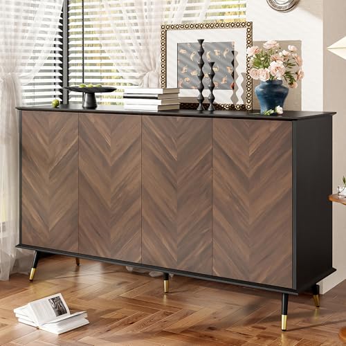 BNUZ Modernes Sideboard mit Fischgrätmuster,Buffet Schrank mit 4 Türen,Höhenverstellbaren Regalen,MDF Holz,Metallfüße – Stauraum für Wohnzimmer,Flur,Esszimmer von BNUZ