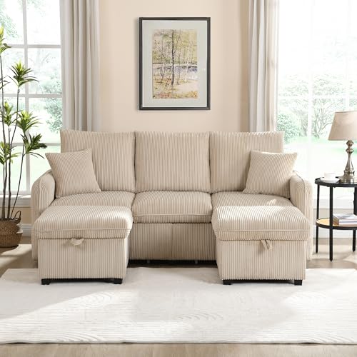 BNUZ Multifunktionale Ecksofa U-Form-Dreisitzer Polster-Sofa mit Staufunktion Inklusive Schubladen Hocker mit Staufach, modular zerlegbares Sofa-Set mit Schlaffunktion,Chenille-Bezug,Beige,80x180cm von BNUZ