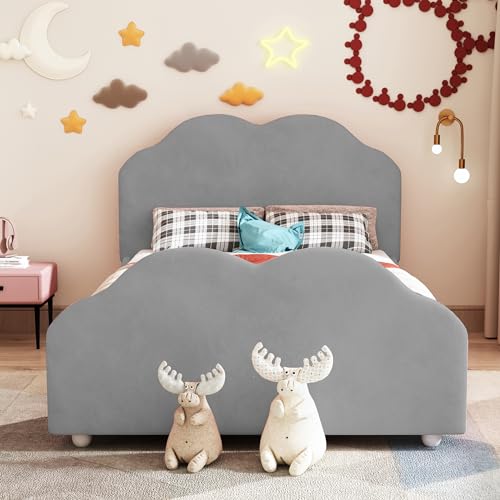 BNUZ Polsterbett,90x200cm Kinderbett hohes Geländer-Kinderbettgestell mit wolkenförmigem Kopf- und Fußteil. Einzelbett in hautfreundlichem Samt (Grau) von BNUZ