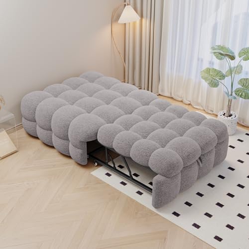 BNUZ Polsterbett,Einzelbett,2-in-1-Fußhocker,Ausziehbares Schlafsofa,Puffy-Bett,Teddy-Stoff,Grau,70x180cm von BNUZ