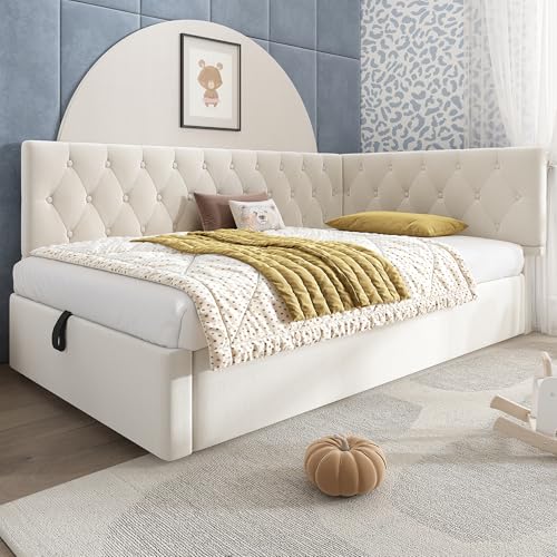 BNUZ Polsterbett Daybett 90x200cm,Schlafsofa mit hydraulischem Stauraum,Kinderbett Jugendbett Bettgestell mit Lattenrost aus Holz,Samt,Beige,ohne Matratze von BNUZ