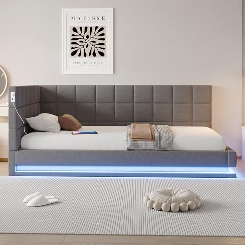 BNUZ Polsterbett Schlafsofa,90x200cm,Multifunktionsbettmit Lichtleiste,USB Steckdose und Lattenrost, Samtstoff Grau von BNUZ