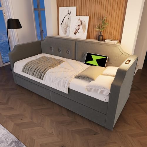 BNUZ Polsterbett Sofabett 90x200 cm mit USB-Type-C Leselicht, Schlafsofa Tagesbett mit 2 Stauraum Schubladen, Kinderbett Jugendbett Bettgestell mit Lattenrost aus Holz, Samt(Ohne Matratze) (Grau) von BNUZ