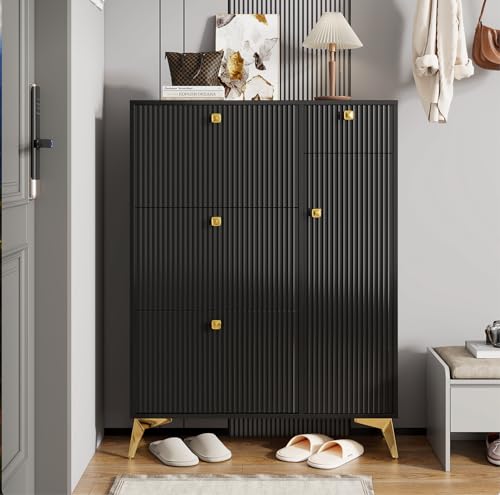 BNUZ Schuhschrank,mit 3 Klappen,1 Schublade und 1 Tür, Schuhregal,Schuhkipper schmal,Schuhschrank Schwarz,Maße:90×120cm von BNUZ