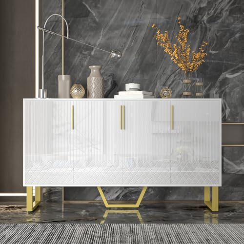 BNUZ Sideboard,4 Türen,80x140cm, Metallgriffe und -Beine,geometrisches Design in Weiß von BNUZ