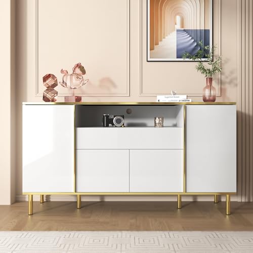 BNUZ Sideboard,Hochglänzende weiße Kommode mit 1 Schublade, Kommode, Schlafzimmerkommode,weißes Sideboard,80x150cm von BNUZ