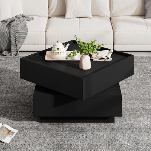 BNUZ Weißer quadratischer Hochglanz-Couchtisch mit drehbarer Platte - Moderner Techno-Stil mit 16-farbigem LED-Licht, 70 x 70 x 36 cm (Schwarz) von BNUZ