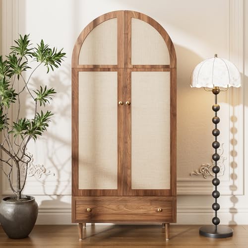 Eleganter Kleiderschrank mit Stofftüren,Schublade, Garderobe – Walnussoptik,stabile Holzfüße, praktischer Stauraum,für Schlafzimmer,Gäste- oder Ankleidezimmer von BNUZ