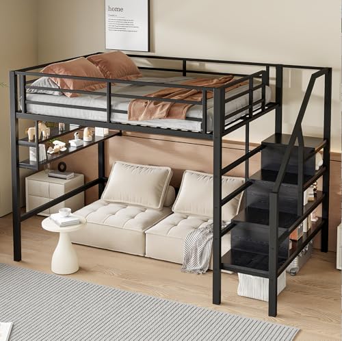 Hochbett,140x200cm,Einlegeböden,Stauraumleiter, Freiraum unter dem Bett zum Verkleiden,Geländer,ohne Matratze,Schwarz von BNUZ