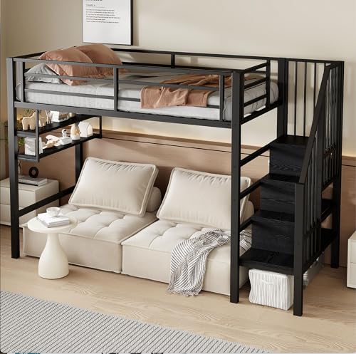 Hochbett,90x200cm,Einlegeböden,Stauraumleiter, Freiraum unter dem Bett zum Verkleiden,Geländer,ohne Matratze,Schwarz von BNUZ