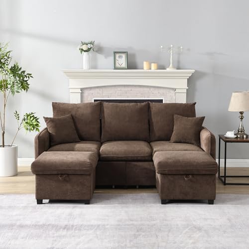 Multifunktionale Ecksofa U-Form-Dreisitzer Polster-Sofa mit Staufunktion Inklusive Schubladen Hocker mit Staufach, modular zerlegbares Sofa-Set mit Schlaffunktion,Chenille-Bezug,Antikbraun,80x180cm von BNUZ