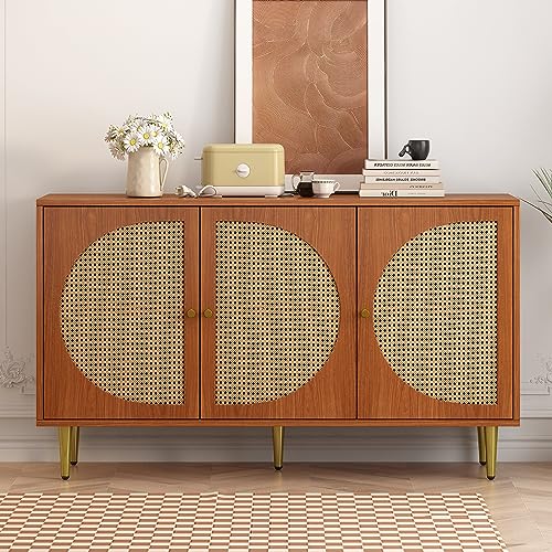 Sideboard mit 3 Rattan verzierten Türen Kommode Highboard mit Metallgriffe, für Schlafzimmer & Wohnräume & Büro, Nussbaum 129.8 x 40 x 76 cm von BNUZ