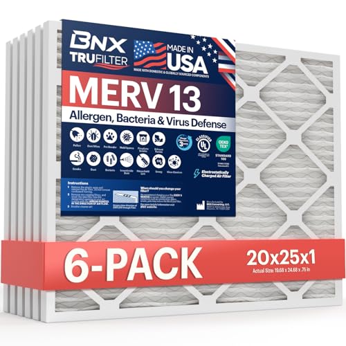 BNX TruFilter MERV 13 Luftfilter 20 x 25 x 1 (6er-Pack) – hergestellt in den USA – elektrostatische Plissee-Klimaanlage, HVAC AC Ofenfilter für Allergien, Pollen, Schimmel, Bakterien, Rauch, Allergen von BNX
