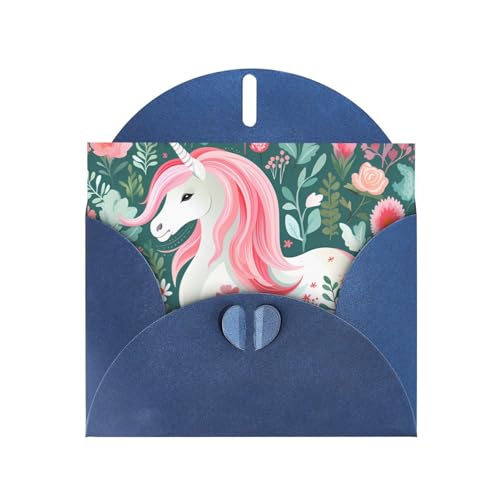 Horizontale Weihnachtskarte Einhorn mit rosa Haaren, mit blauem herzförmigem Umschlag und zum Schreiben verschiedener Urlaubsgrüße von BOAIHH