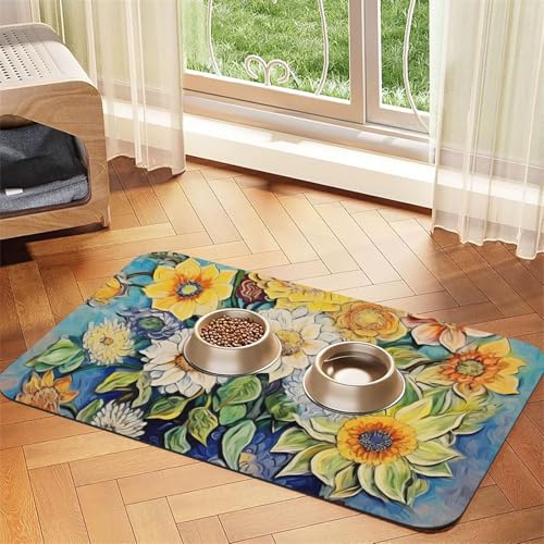 Öl auf Leinwand Blumen Haustier wasserabsorbierende Kunstleder-Futtermatte 30 x 45 cm rutschfeste langlebige Matte für Katzen- und Hundenäpfe von BOAIHH