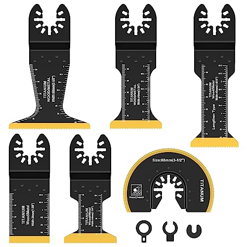 6pcs oszillierende Sägen Blätter Bi-Metall-Titanschicht mit Multitool-Klingen scharfe Verschleiß oszillierender Schwingen Schneides Sägenklingen mit Dichtungsadaptern für Holzplastikschneiden BOBASH von BOBASH