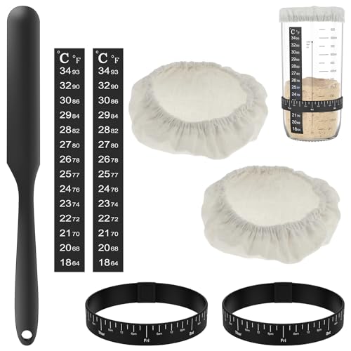 BOBASH 7 PCs Sauerteig-Starter-Kit Sauerteig-Starter-Zubehör mit Stoffbedeckungen Temperatur und Datum markierte Fütterungsbänder und Schaberersatz-Sauertough-Starter-Kit für 3-4-Zoll-Gläser (7Stück) von BOBASH