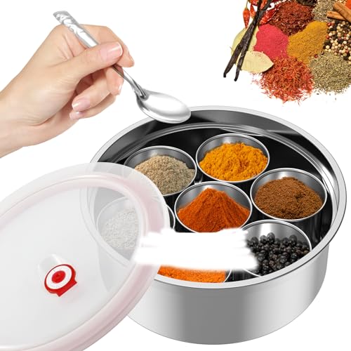 Masala Dabba Spice Edelstahl Gewürzdose MASALA DABBA CONTERNER mit 7 Fächern Indian Gewürzbox mit transparentem Deckel Masala Dabba mit Löffel 9,8 × 3,7 Zoll BOBAS von BOBASH