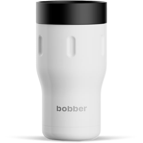 BOBBER Isolierte Kaffeetasse aus Edelstahl mit Deckel, 340 ml, 100 % auslaufsicher, für den Auto-Becherhalter, spülmaschinenfest, Thermo-Kaffeetasse für Männer, Frauen, hält 6 Stunden heiß (weiß) von BOBBER