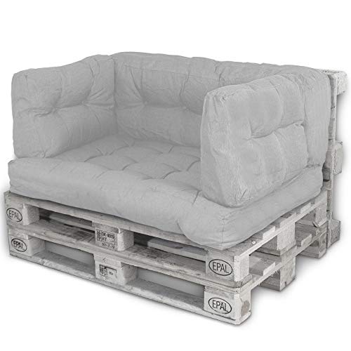 Bobo LACESTONE Palettenkissen Palettenauflagen Sitzkissen Rückenlehne Kissen Palette Polster Sofa Couch (Set Sitzfläche + Rückenteil + 2X Seitenteil, Hellgrau) von BOBO