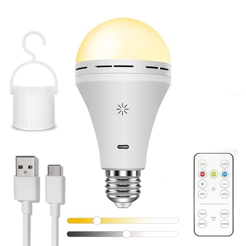 BOBOPAI USB Aufladbare Glühbirne Mit Fernbedienung, 3 Farbtemperaturen, E27 LED Dimmbare Batterie Glühbirne, 7W Touch Control Lampe Mit Timing Funktion, Akku Lampen Mit Haken, 2600mAh,1 pack von BOBOPAI
