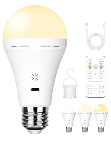 USB Aufladbare Glühbirne Mit Fernbedienung, 3 Farbtemperaturen, E27 LED Dimmbare Batterie Glühbirne, 7W Touch Control Lampe Mit Timing Funktion, Akku Lampen Mit Haken, 2600mAh,1 pack von BOBOPAI