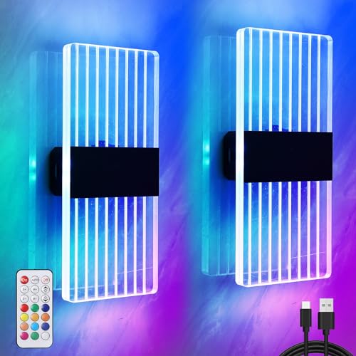 Kabellos USB Aufladbare Akku Wandleuchte, Smart RGB Wandlampe Mit Fernbedienung, 12 Farbwechsel+100 Dynamische Modi, Innen LED Dimmbare Batterie Wandleuchte Mit Schalter, Deko lampe, Schwarz, 2 Stück von BOBOPAI