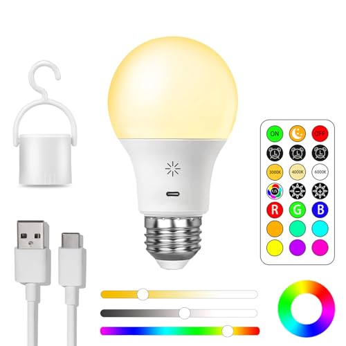 USB Aufladbar Batterie Glühbirne Mit Fernbedienung, E27 Smart Farbwechsel Farbige RGB Glühbirnen,9+3 Farbtemperatur, 8W LED Dimmbare Touch Control Akku Lampe Mit Timing Funktion, 2600mAh,1 pack von BOBOPAI