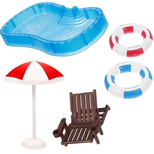 BOBOZHONG Mini-Stranddekorationen,5 Stück Strand Deko Miniatur Set,Strand-Mikrolandschaft,Strandkorb Schwimmringe Schwimmbad,Miniatur Sommer Strand Deko für DIY Garten Sandkasten von BOBOZHONG
